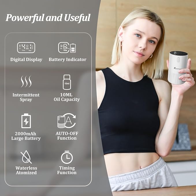 Waterless Diffuser for Essential Oil - Aromatherapy Diffuser for Home with Battery Indicator, Portable Scent Air Machine 1/2/3&Continuous Mist,Timer Function,500Sq.Ft Scent Coverage (Cream White)