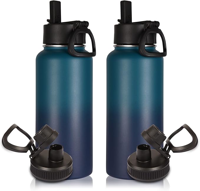 Volhoply 32 oz Water Bottles Bulk 2 Pack with Straw Lid & Spout Lid,Insulated Sports Water Bottle,Double Wall Vacuum Stainless Steel Cups,Leakproof Wide Mouth Metal Flask for Travel(Dark Night,2)