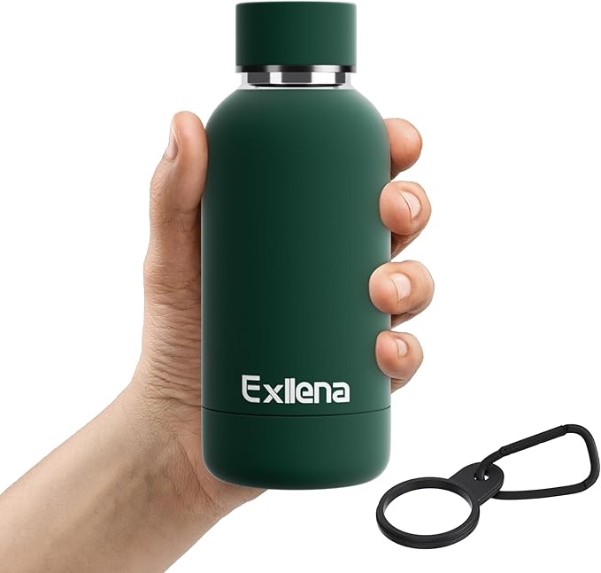 Exllena Small Water Bottle 12oz with Clip, Double Wall Stainless Steel Vacuum Small Insulated Water Bottle Keeps Drinks Cold 24 Hrs/Hot 12 Hrs for Kids Handbag School BPA Free (Emerald Green)