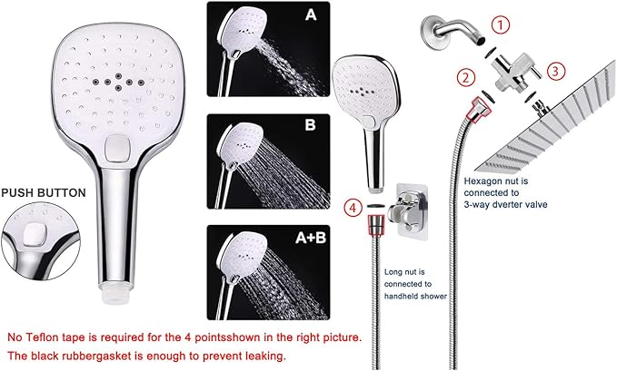 NearMoon Shower Head with Hose, High Pressure Stainless Steel Rain Shower and 3 Settings Handheld Spray Combo with Push Button Flow Control (8 Inch Showerhead Set, Chrome Finish) - AquaVibe