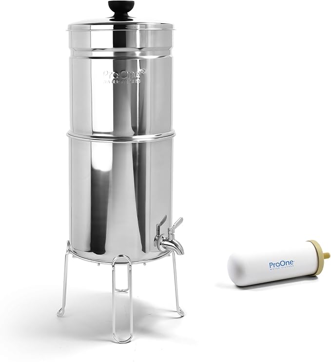 ProOne Big+ Gravity Water Filter System - High Capacity Countertop Stainless Steel Water Filter Dispenser - IAPMO Certified to Reduce Lead, Total PFAS, Microplastics, Chlorine Taste & Odor
