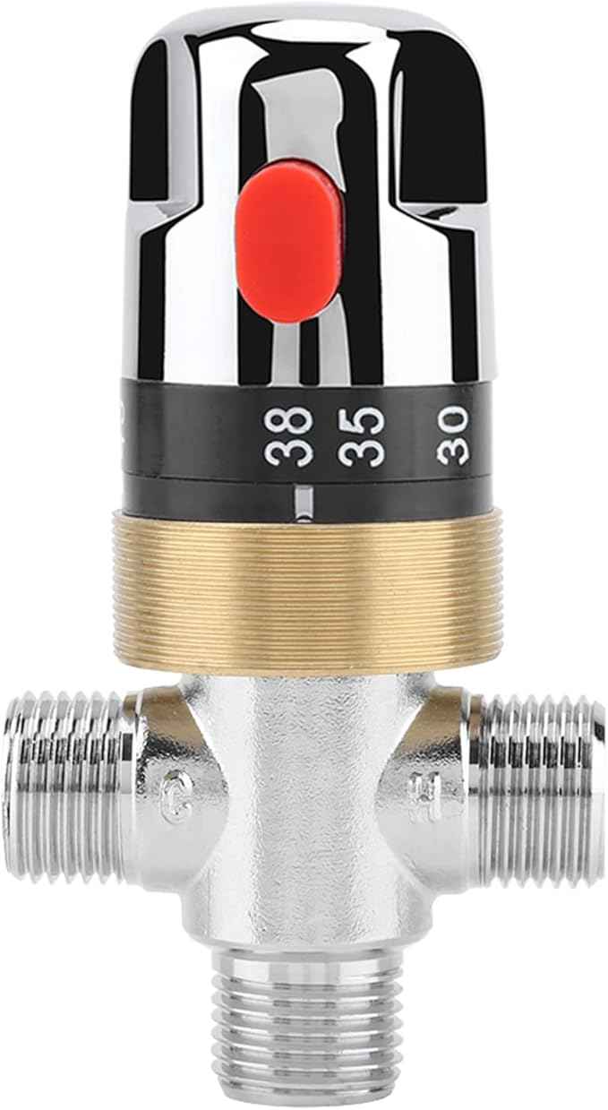 G1/2in Thermostatic Mixing Valve, Bathroom Water Temperature Control, Brass Thermostat Valve with Safety Switch for Bathtub Basin Kitchen, Easy to Install Durable Chrome Plated Acc