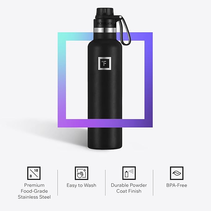 IRON °FLASK Camping & Hiking Hydration Flask with Spout, Narrow Mouth Insulated Stainless Steel Sports Water Bottle - Aurora 24 oz - Spout (1 Lid)