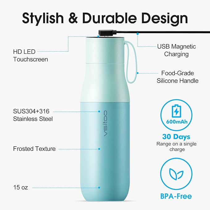 VSITOO 15oz Smart Self Cleaning Water Bottle，Insulated Water Bottle with Stainless Steel, BPA-Free, AI Self-Clean, 30-Day Battery, Magnetic Charging for Travel, Gym or Office, Blue