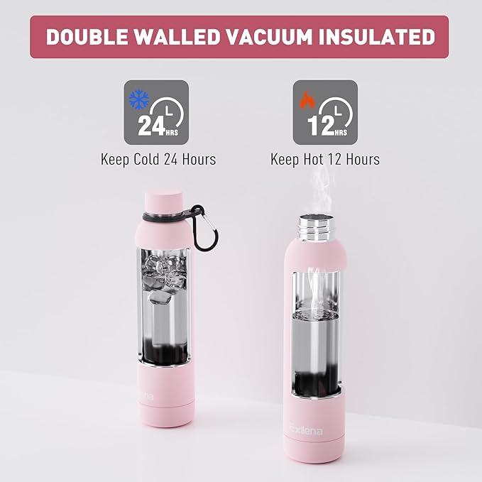 Exllena Slim Insulated Water Bottles for Travel 25oz with Clip, Double Wall Vacuum Stainless Steel Water Bottle Keeps Drinks Cold 24 Hrs/Hot 12 Hrs, 100% Leakproof, BPA Free(Pink)
