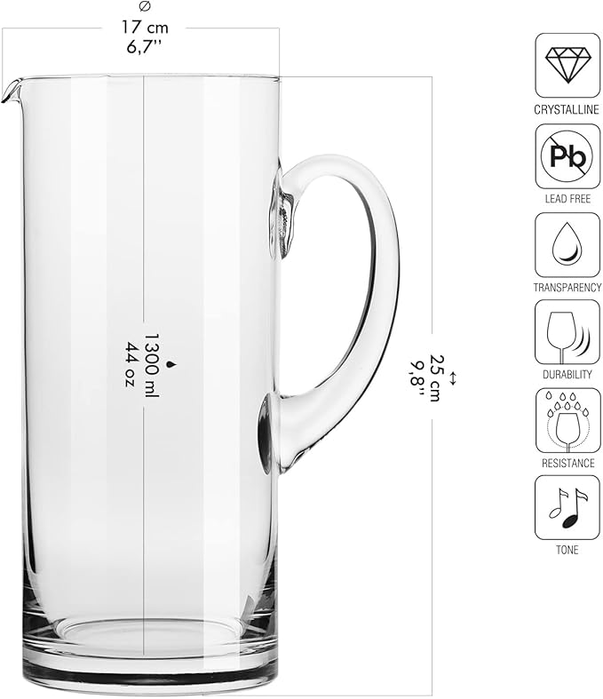 Krosno Glass Water Juice Pitcher Jug, 44 oz, Glamour Collection, Perfect for Home Restaurants and Parties, Fridge Safe, Made in Europe