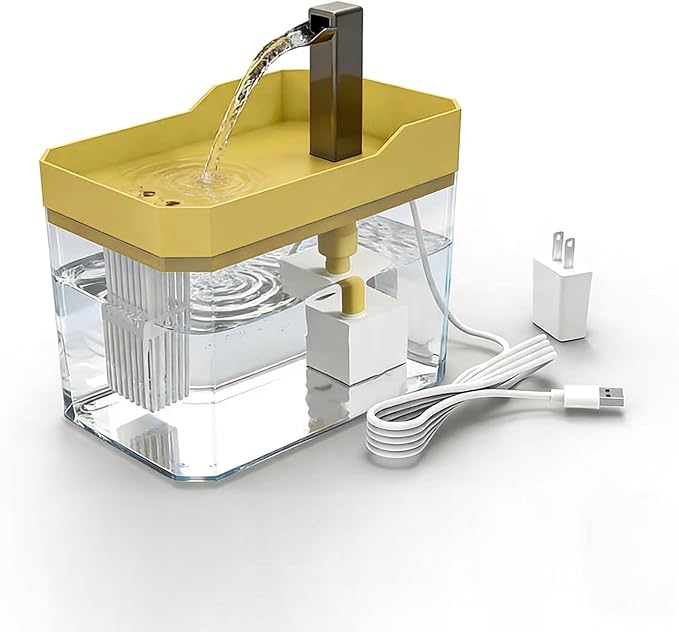 Pet Drinking Fountain, Cat Water Fountain with Silent Pump, 50oz Pet Fountain for Cats Dogs Kitten, Water Level Visibility, Pet Water Fountain with Adapter and LED Light, USB Cable, Yellow