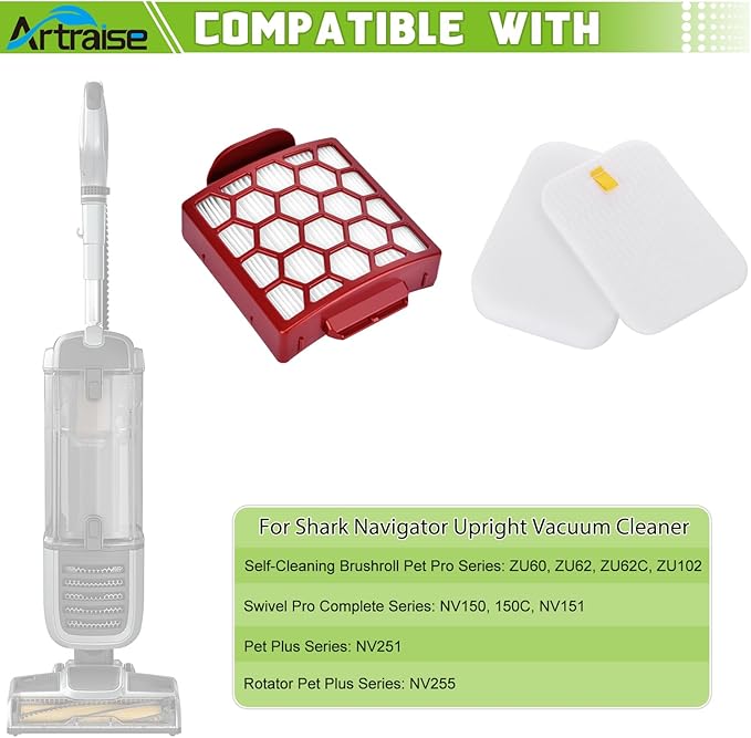 Artraise Filter Replacement for Shark NV255 NV251 NV150 NV151 Navigator Zero-M Self-Cleaning Brushroll Pet Pro ZU62 ZU62C ZU60 ZU102 ZU51 Vacuum, Part #1238FT60 & 1239FT60 (Red) - AquaVibe