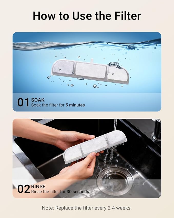 DownyPaws 6 Packs Replacement Filters for Battery Operated Cat Water Fountain DPWFP6, with 1 Cleaning Sponge and 1 Brush, 3 Months Set of Replacement Filters