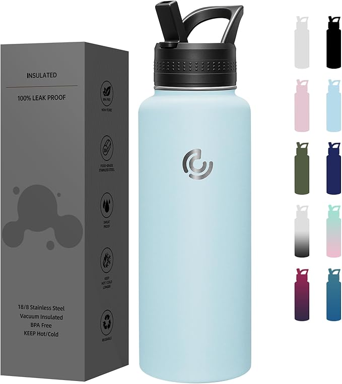 COKTIK 40oz Sports Water Bottle, Stainless Steel Water Bottle for Insulated, Reusable Travel Bottle, With Straw, With Handle Grip for Easy Carrying, Suitable for Cycling, Outdoor Vacations(FOG)