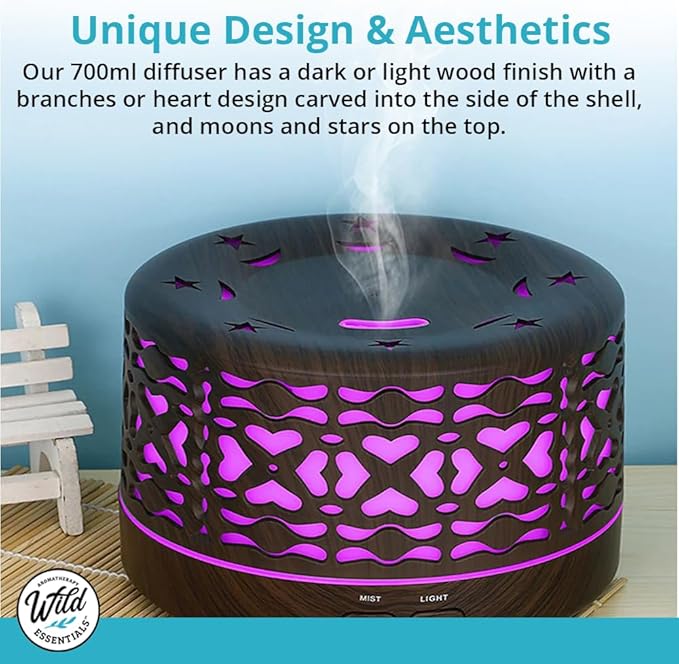 Wild Essentials 700ml Designer Large Room Essential Oil Diffuser, 5 in 1 Ultrasonic Aromatherapy Vaporizer Cool Mist Humidifier, Home, Office, Bedroom, Timer, Auto-Off, 7 Color LED (Light Wood Hearts)