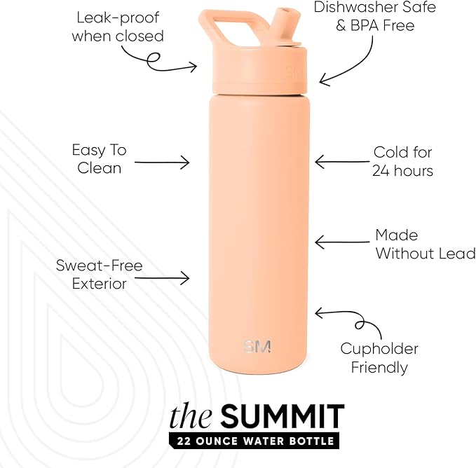 Simple Modern Water Bottle with Straw Lid | Vacuum Insulated Stainless Steel Metal | Reusable Leak Proof BPA-Free Cup for School | Summit Collection | 22oz, Bellini