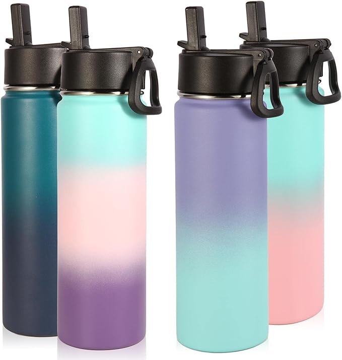 Volhoply Insulated Water Bottles with Straw Bulk 4 Pack, 22 oz Stainless Steel Sports Bottle with Lid,Metal Travel Water Cups with Wide Mouth, Reusable Cold Water Flask for Hiking(Assorted,4 Set)