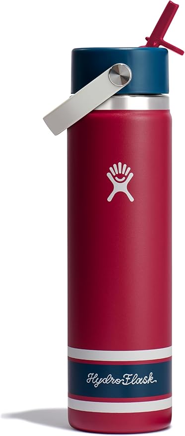 Hydro Flask Water Bottle - Insulated Stainless Steel - Wide Mouth Flex Straw Lid, Non Spill, Leakproof and Refillable in 24 Oz Campus Red