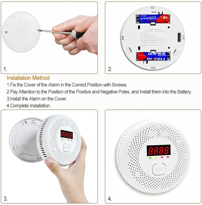 High Definition Color Screen Detector LCD Powered by Carbon Monoxide Detector and Smoke Alarm Battery (excluding Battery) (Compact Design, 4Pack-CO&Smoke)