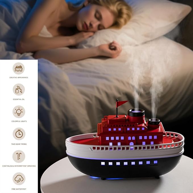 300ML Cartoon Modeling Ship Aroma Essential Oil Diffuser & Cool Mist Dual-Hole Boat Humidifier with 7-Color LED Night Lights | Ultrasonic Quiet | Auto Shut-Off | Home Office Nursery Decor Gift