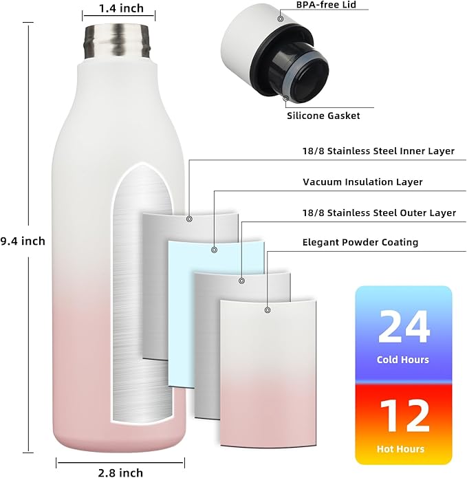 BJPKPK Insulated Water Bottles, 18 oz Stainless Steel Metal Water Bottle with Strap, BPA Free Leak Proof Jugs, Mugs, Flasks, Reusable Thermal Flasks for Sports & Travel, Graceful Pink