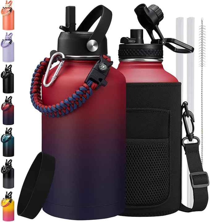 64/128 OZ Water Bottle with Straw - Auto Spout Lid,Keep Cold 48H & Hot 24H, Wide Mouth Half Gallon Insulated Water Bottle, Stainless Steel 1/2 Gallon Jug for Woman Men
