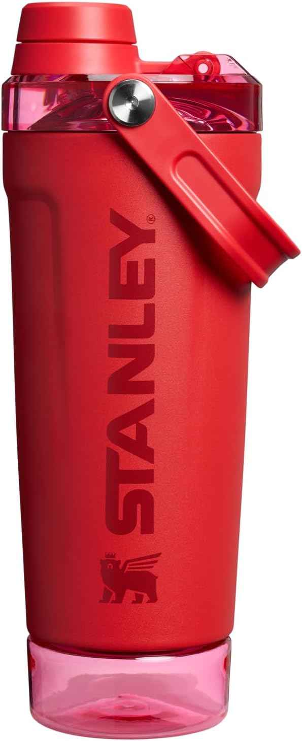 STANLEY Vitalize Shaker Bottle 20 oz | Leakproof Insulated Stainless Steel Shaker Cup | Base Storage and Twist On Fast Flow Lid | Protein Shakes and Pre Workout Powder | BPA-Free | Chili Red