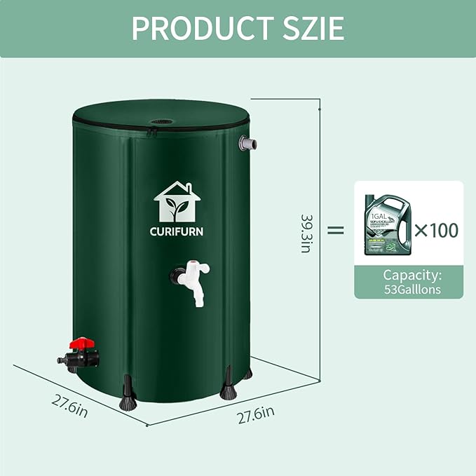 100 Gallon Rain Water Barrel, Portable Rainwater Collect System Water Storage Tank Collapsible Rain Barrel with Filter, Spigot & Overflow Kit (Reinforced Liner+Thickened Legs) - Green