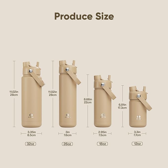 ENCOOL Insulated Water Bottle with Straw Stainless Steel Water Bottle, Leak-Proof, BPA-Free, Double Wall Vacuum Keeps Cold for 24 Hours for Sports, Travel, School (26 oz, Indian Khaki)