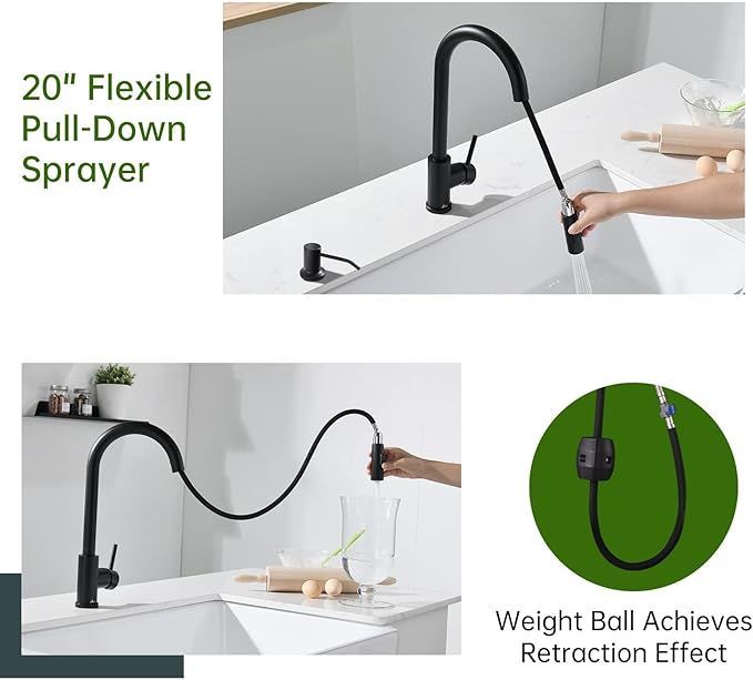 APPASO Black Kitchen Faucet with Soap Dispenser, Matte Black Kitchen Faucet with Pull Down Sprayer, 2-Mode Kitchen Sink Faucets, Modern Kitchen Faucet for RV/Bar Sink, Solid Stainless Steel