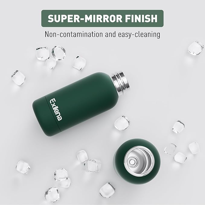 Exllena Small Water Bottle 12oz with Clip, Double Wall Stainless Steel Vacuum Small Insulated Water Bottle Keeps Drinks Cold 24 Hrs/Hot 12 Hrs for Kids Handbag School BPA Free (Emerald Green)