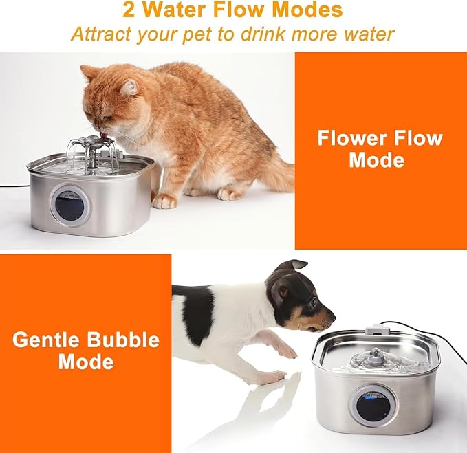 Cat Water Fountain Stainless Steel, 3.2L/108oz Pet Water Fountain with Water Level Window, Automatic Cat Water Dispenser for Drinking Indoor, Dogs, Multiple Pets,9 Replacement Filters & 9 Sponge