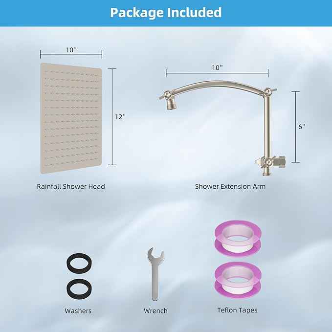 Hibbent All Metal cUPC Certified Rain Shower Head, 12'' High Pressure Rainfall Showerhead with 16" Shower Head Extension Arm, Brass Adjustable Shower Arm Extender, fixed Showerheads, Brushed Nickel