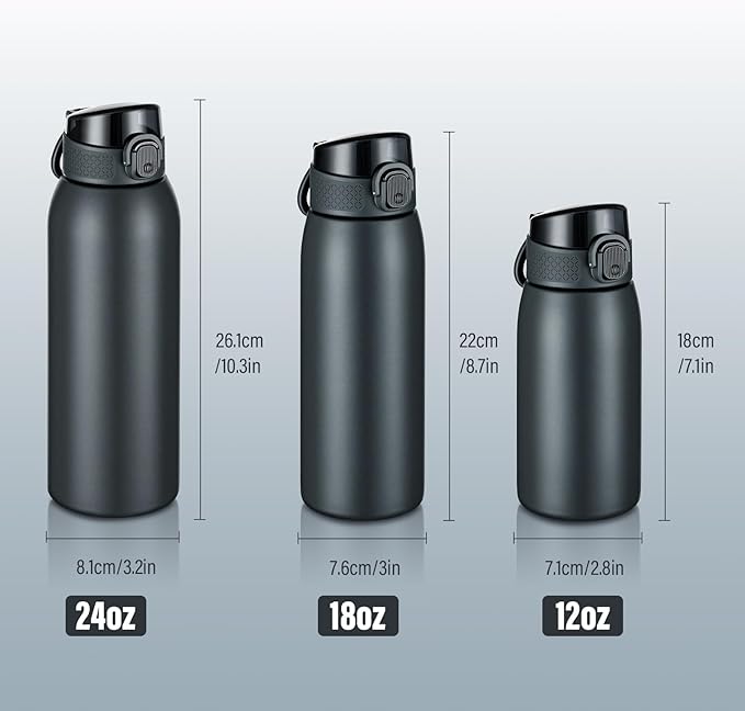 Insulated Water Bottle 12 oz with Dustproof Lid, Carry Handle & Tea Infuser, BPA-Free & Leakproof, Stainless Steel Water Bottles Ideal for Fitness, Hiking, Office & Outdoor Use （Cold Gray ）