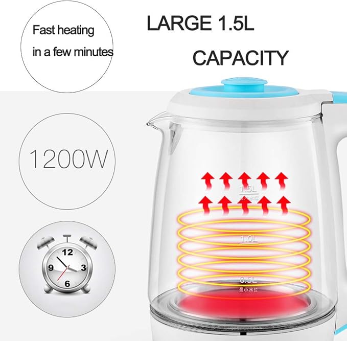 Kettles,1.5L Glass Electric Kettle,Eco Water Kettle, Bpa Free Cordless Water Boiler with Stainless Steel Inner Lid Bottomfast Boil Auto-Off Boil-Dry Protection,1200W hopeful