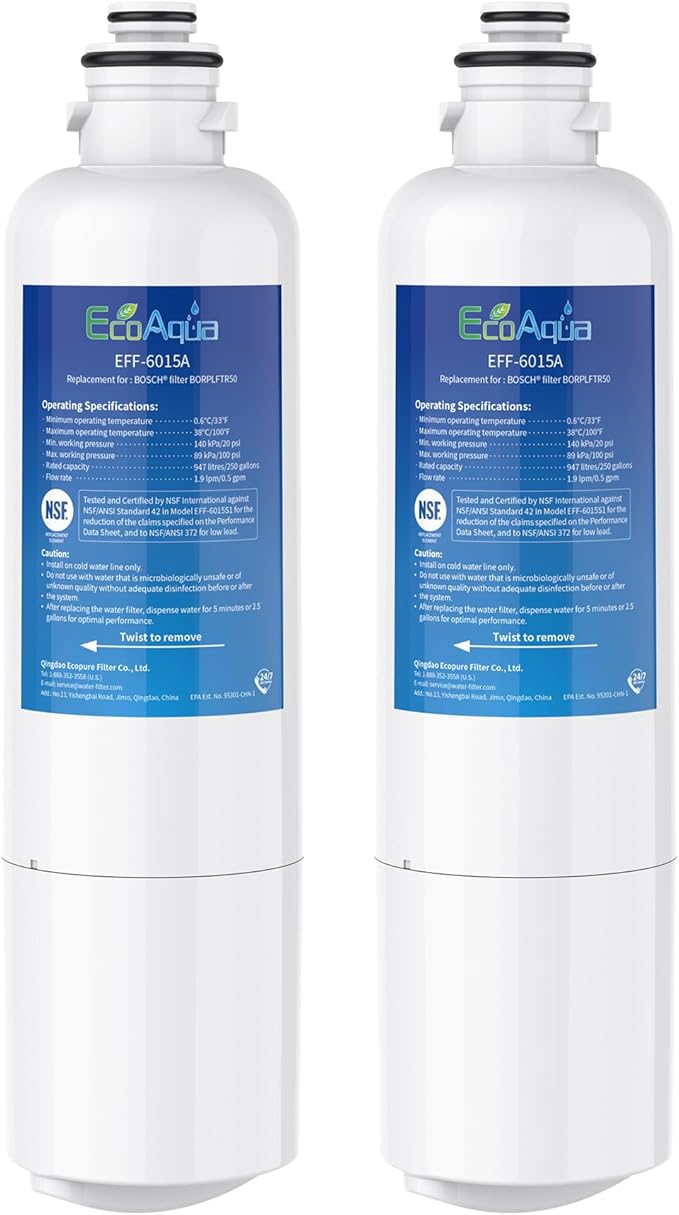 EcoAqua 11032531 Replacement for Bosch® Ultra Clarity® Pro BORPLFTR50, 12033030, 11025825, BORPLFTR55, B36CD50SNS, B36CT80SNS, B36CL80ENS, B36FD50SNS, WFC100MF, Refrigerator Water Filter, 2 Filters - AquaVibe