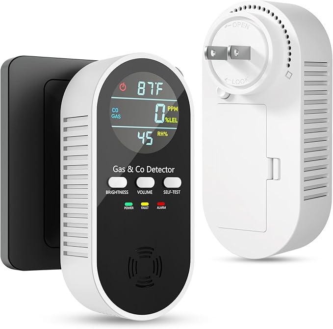 5-in-1 Carbon Monoxide Detectors, Natural Gas Leak Detector, Plug-in & Battery Backup Co Detector, HD Digital Display, CO Gas Temp Humidity Sensor, 1-Pcs, Black