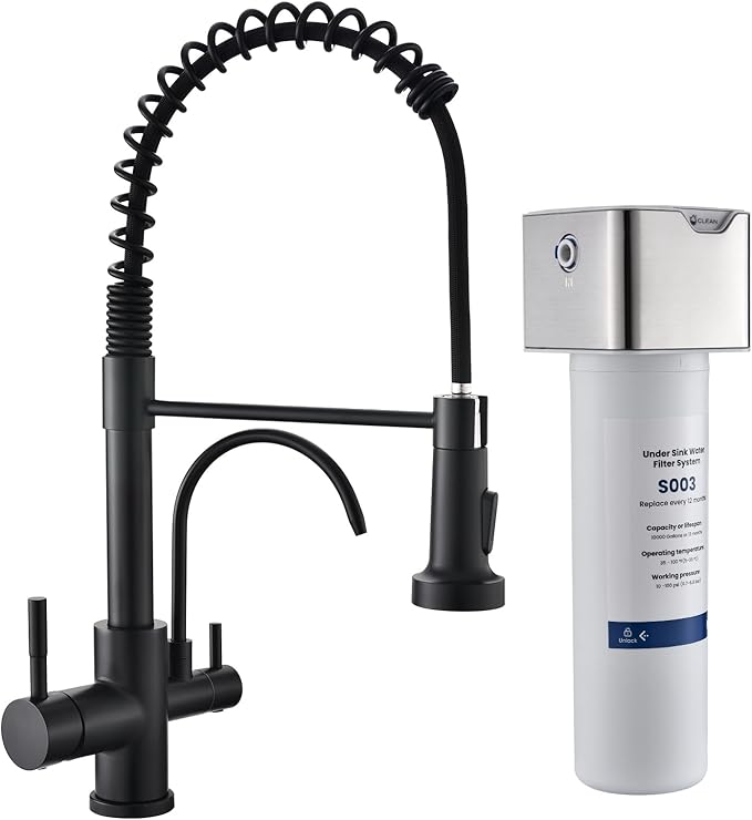 GIMILI 3 in 1 Kitchen Faucet with Pull Down Sprayer Matte Black Two Handle Kitchen Sink Faucet with Under Sink Water Filter System Reduces PFAS, PFOA/PFOS, Lead, Chlorine, Bad Taste & Odor