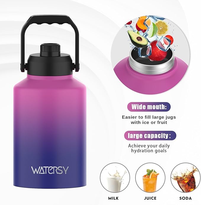 WATERSY 1 Gallon Water Bottle Insulated(Cold for 48 Hrs),BPA Free&Leak Proof,128oz Stainless Steel Water Jug,Big thermo,Large Water Bottle with Handle for Gym,Hiking,Camping&Travel,Gradient Purple