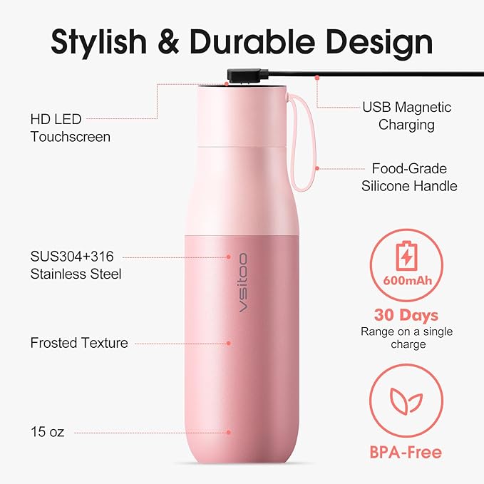 VSITOO 15oz Smart Self Cleaning Water Bottle，Insulated Water Bottle with Stainless Steel, BPA-Free, AI Self-Clean, 30-Day Battery, Magnetic Charging for Travel, Gym or Office, Pink