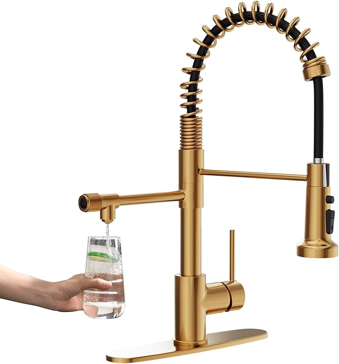 GIMILI Brushed Gold Drinking Water Faucet 3 in1 Commercial Style Pull-Down Single Handle Filter Kitchen Faucet for Water Filtration System,Without Water Filtration Device
