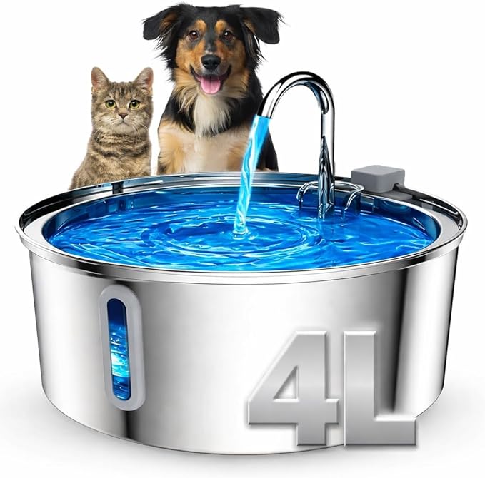 Wireless Cat Water Fountain Stainless Steel, 4L Automatic Water Dispenser for Dogs, Cats & Other pet, Quiet Filtered Drinking Fountain with Dual Water Outlets and USB Power for Indoor Use