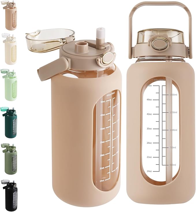 SIEROZUR 64 oz Glass Water Bottle with Straw and Handle Lid Half Gallon Motivational Glass Bottle with Silicone Sleeve and Time Marker Large Reusable Sports Water Jug for Gym Home Workout