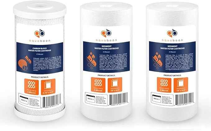 Aquaboon 5 Micron 10 x 4.5 Carbon Block Chlorine Reduction Cartrige and 2 Sediment Reduction Water Filter - Whole House Water Filter Replacement, 1-Pack