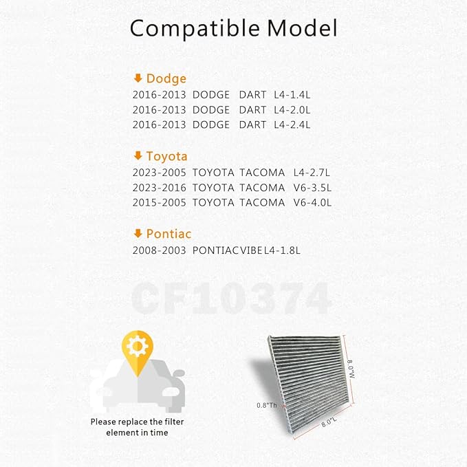 CF10374 Cabin Air Filter with Activated Carbon, Replacement for Toyota Tacoma 2005-2023, Dodge Dart 2013-2016, Pontiac Vibe 2003-2008, Replacement 87139-yzz09