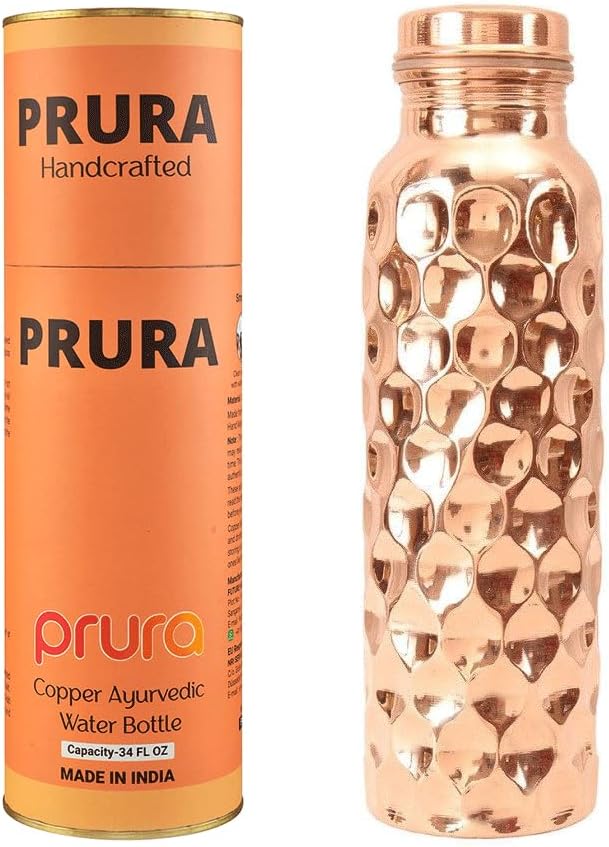 Diamond Cut Copper Water Bottle - Leak Proof Ayurvedic Drinkware Copper Vessel for Sports, Gym, Outdoors, Yoga