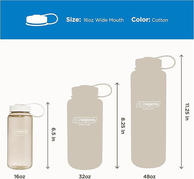 Nalgene 16 oz Wide Mouth Water Bottle | BPA-Free, Durable & Leak Proof, Lightweight Travel Bottle, Fits In Cupholders, Cotton