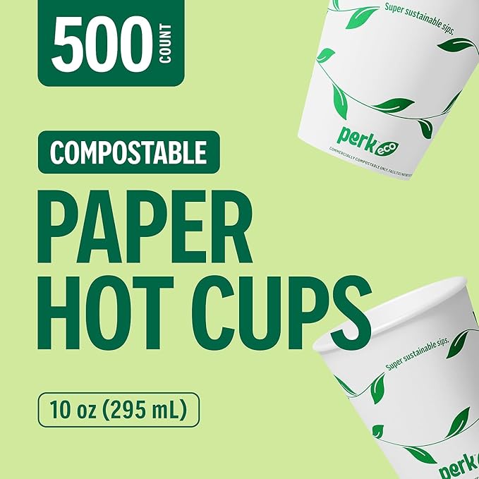 Perk Eco Compostable Paper Hot Cups, 10 Oz Disposable Cups for Hot Beverages, White/Green