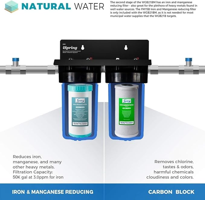 iSpring F2WGB21BM Whole House 4.5"x10" Water Filtration CTO Carbon Block and Iron and Manganese Reducing Water Filter Replacement Cartridge Pack Set