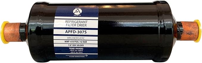 Appli Parts APFD-307S 7/8 in Liquid Line Refrigerant AC Filter Drier hvac Refrigeration 307S ODF Sweat Solder connection universal unidirectional 10-1/2 in long 3-1/4 in wide