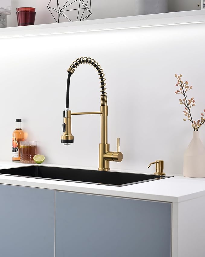 GIMILI Gold LED Kitchen Faucet with Soap Dispenser, Modern Single Handle Spring Kitchen Sink Faucets with Pull Down Sprayer