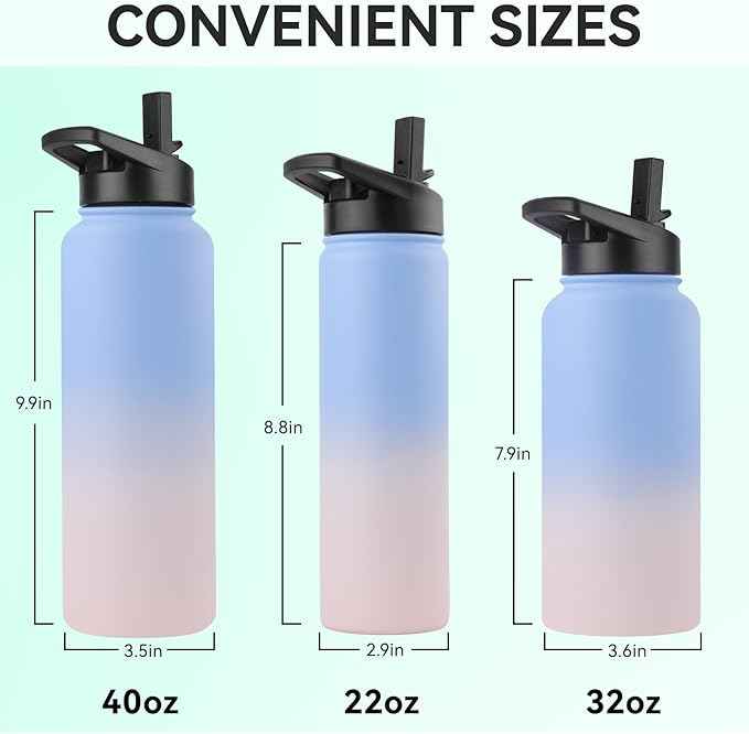 DOMICARE Insulated Water Bottle, 22 oz Vacuum Insulated Stainless Steel Reusable Sports Bottle with Straw Lid & Spout Lid for Travel, Camping, Bike, Leakproof, Blue/Pink, 4 Pack