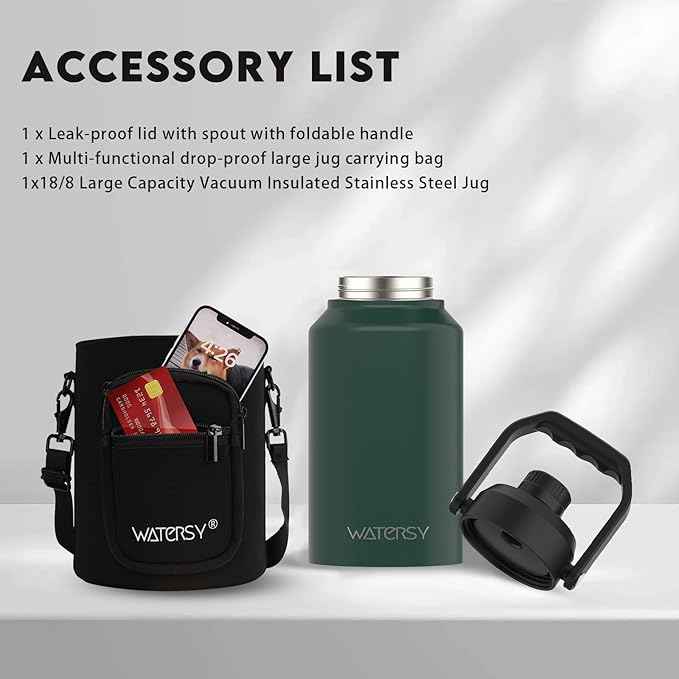 WATERSY 2/3 Gallon Water Bottle Insulated(Cold for 48 Hrs),BPA Free&Leak Proof,87oz Stainless Steel Water Jug/Flask,Big thermo,Large Water Bottle with Handle for Gym,Hiking,Camping,Dark Green