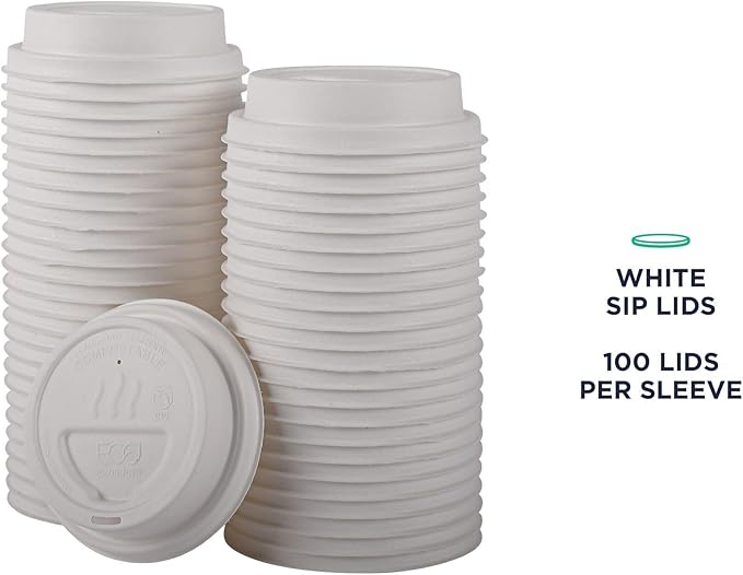 Eco-Products Compostable Molded Fiber Coffee Cup Lids, Case of 1000, White GreenStripe Tops, Fits 8oz Hot Cups, Disposable White Molded Fiber, No PFAS, Tree-Free, ASTM Compliant, BPI-Certified